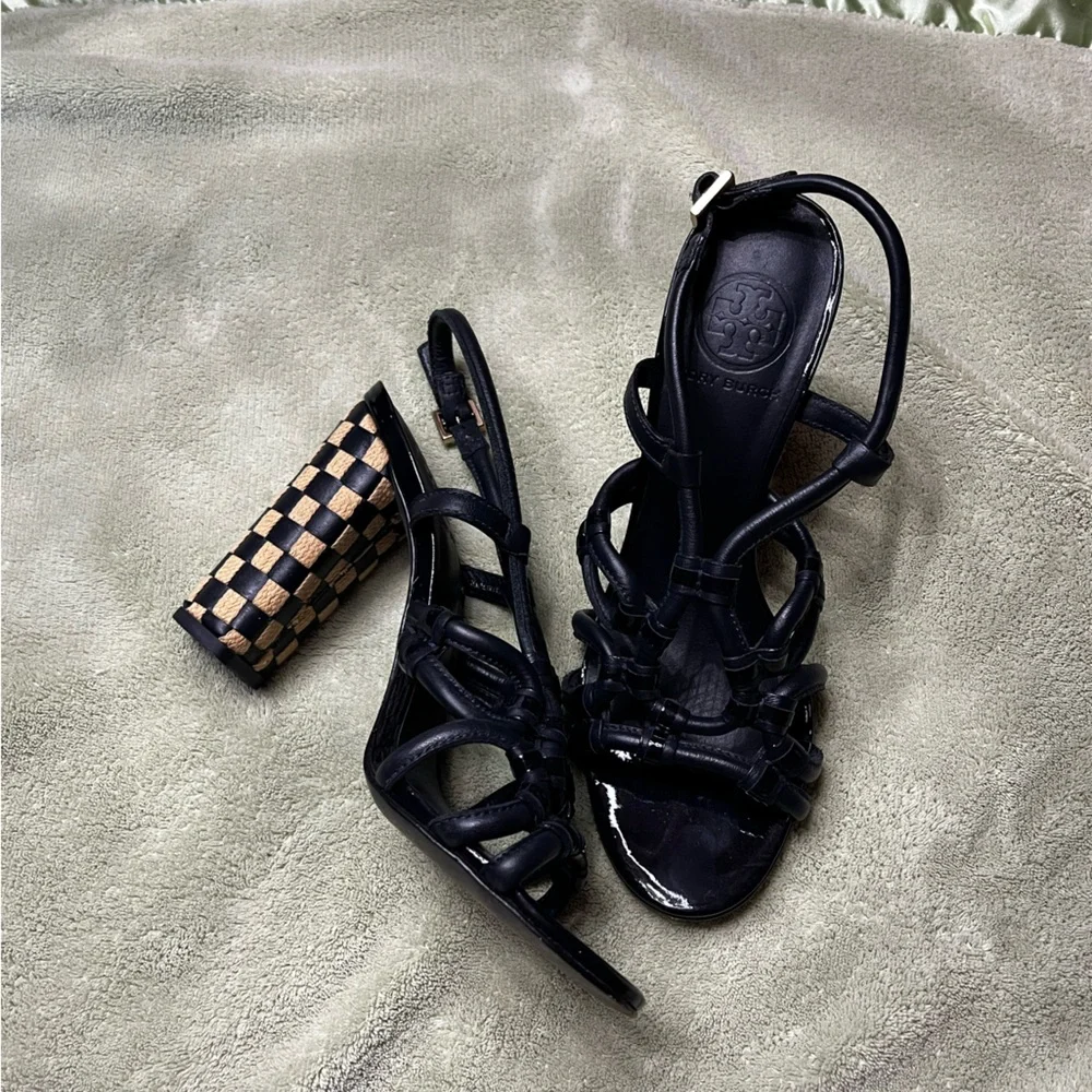 Tory Burch Black and Tan Strappy Block Heels - Picture 8 of 15